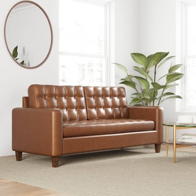76" Brynn Upholstered Square Arm Sofa with Buttonless Tufting Camel Faux Leather